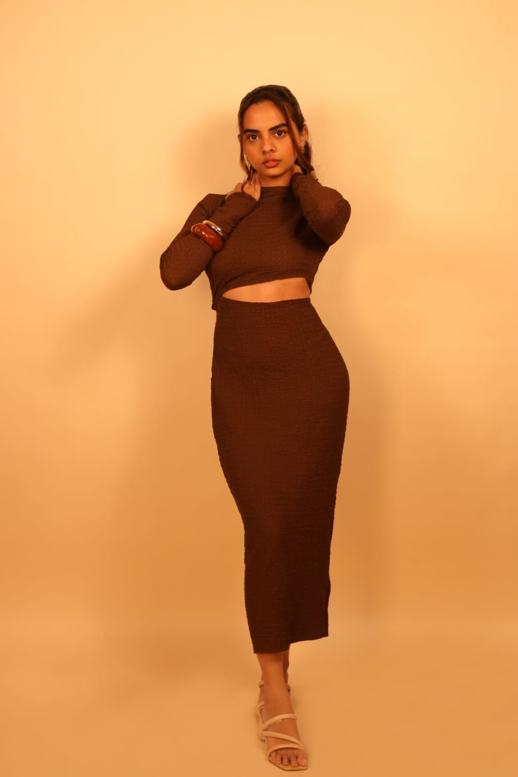 Brown Textured Cutout Maxi Dress