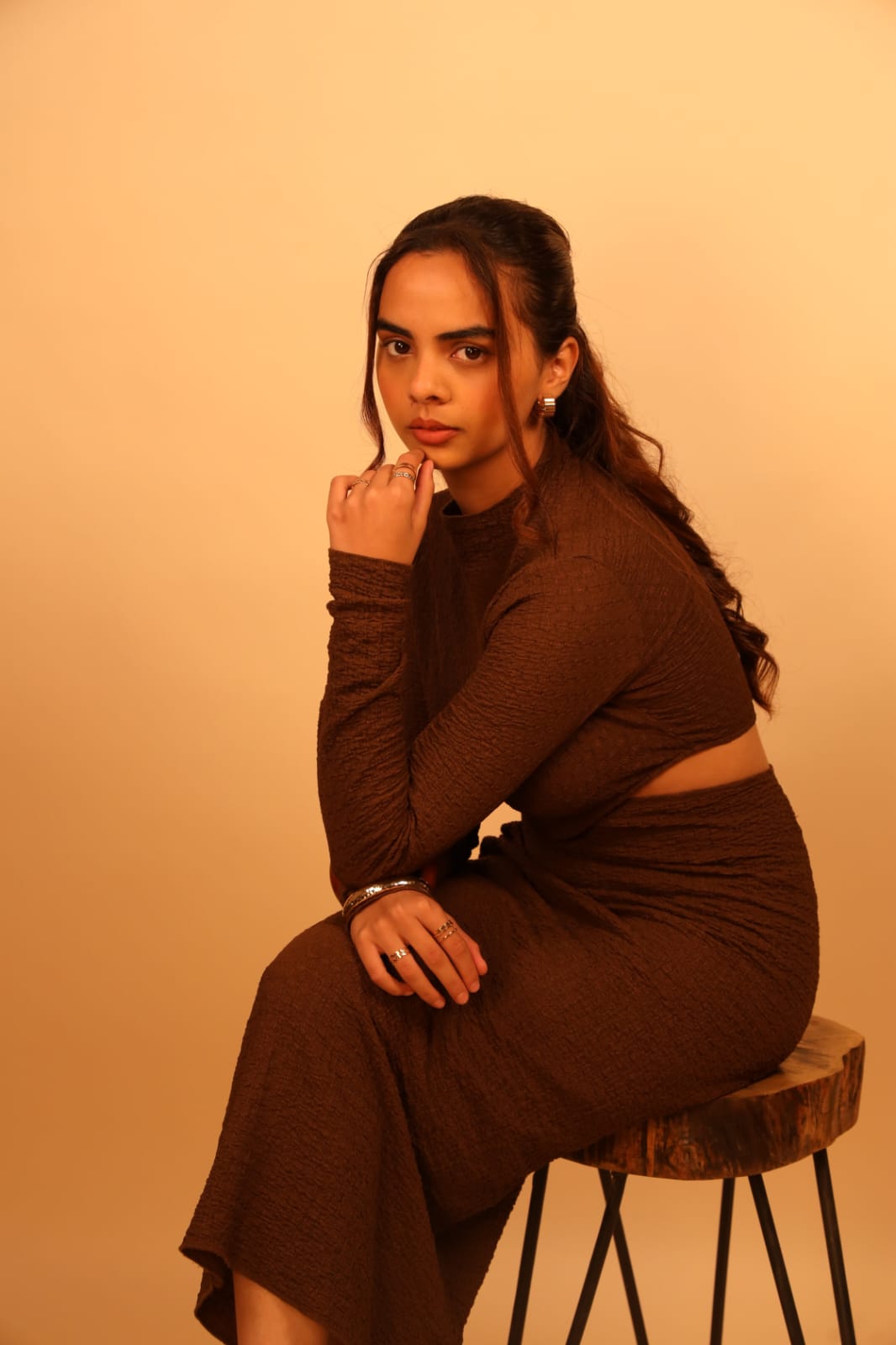 Brown Textured Cutout Maxi Dress