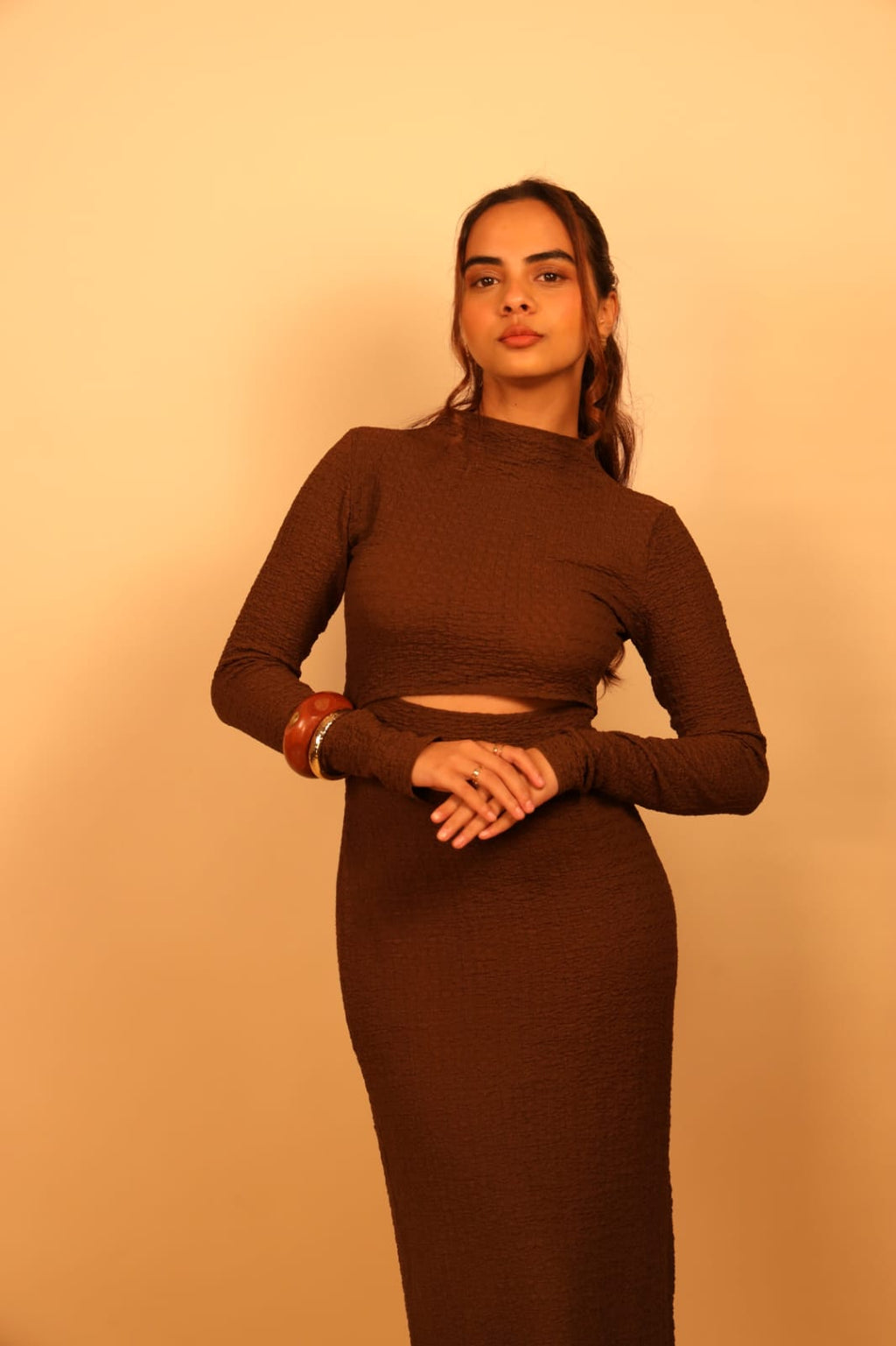 Brown Textured Cutout Maxi Dress
