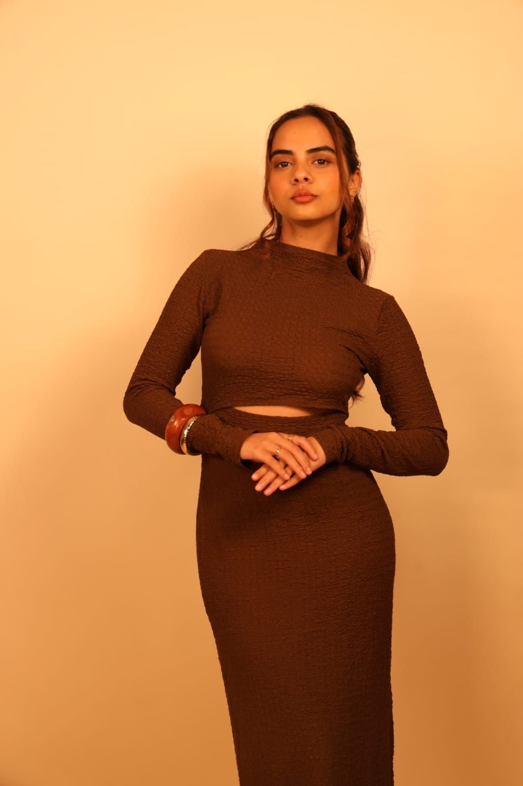 Brown Textured Cutout Maxi Dress