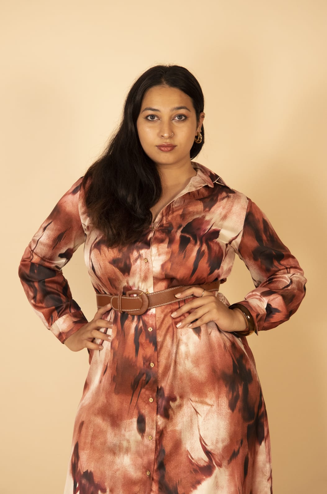 Brown Printed Midi Dress