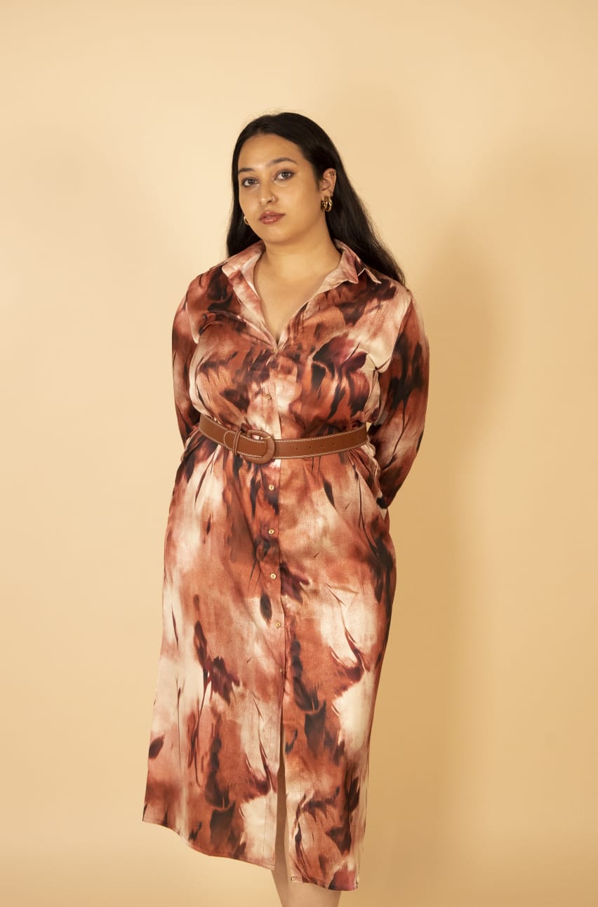 Brown Printed Midi Dress