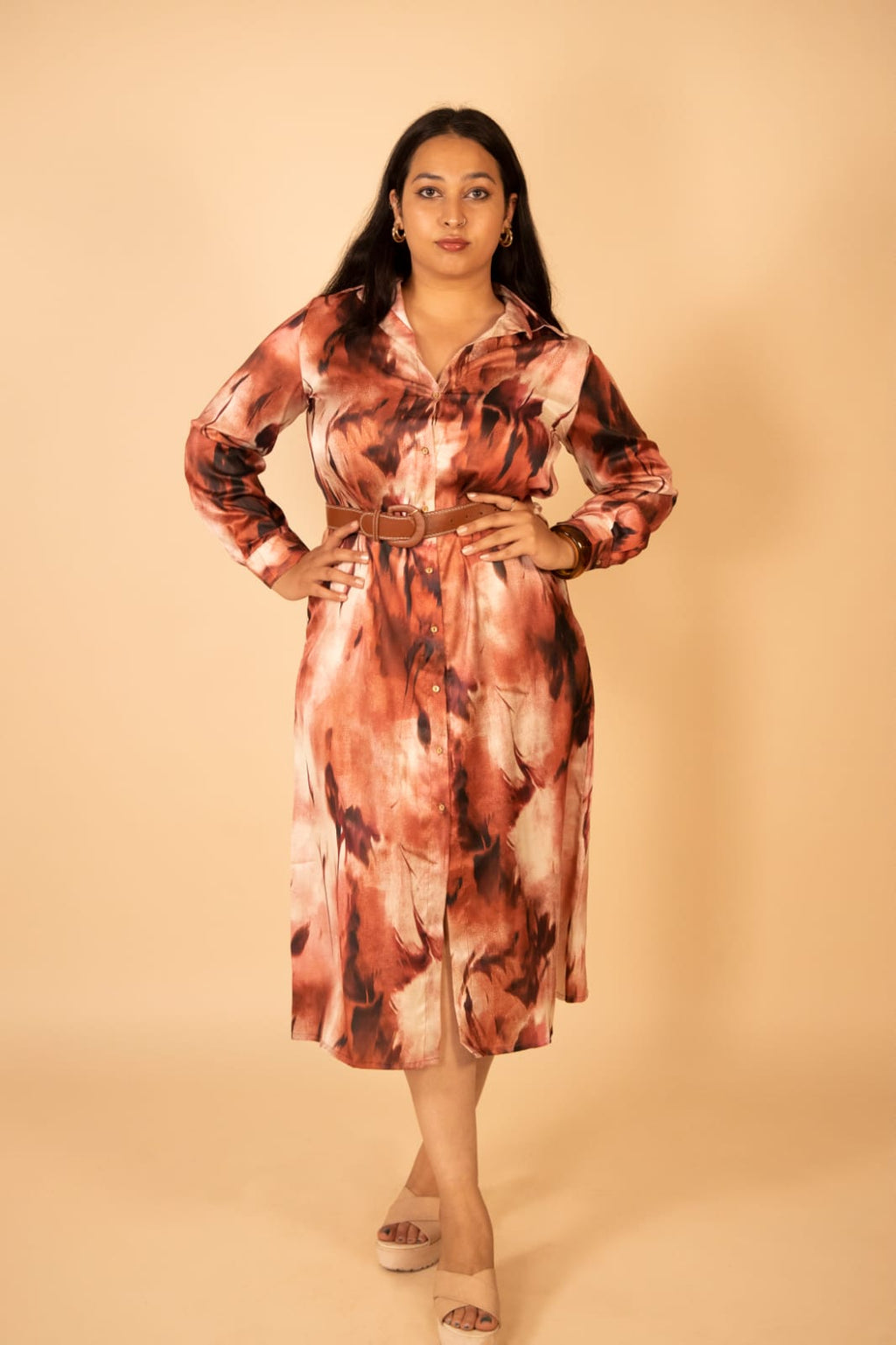 Brown Printed Midi Dress