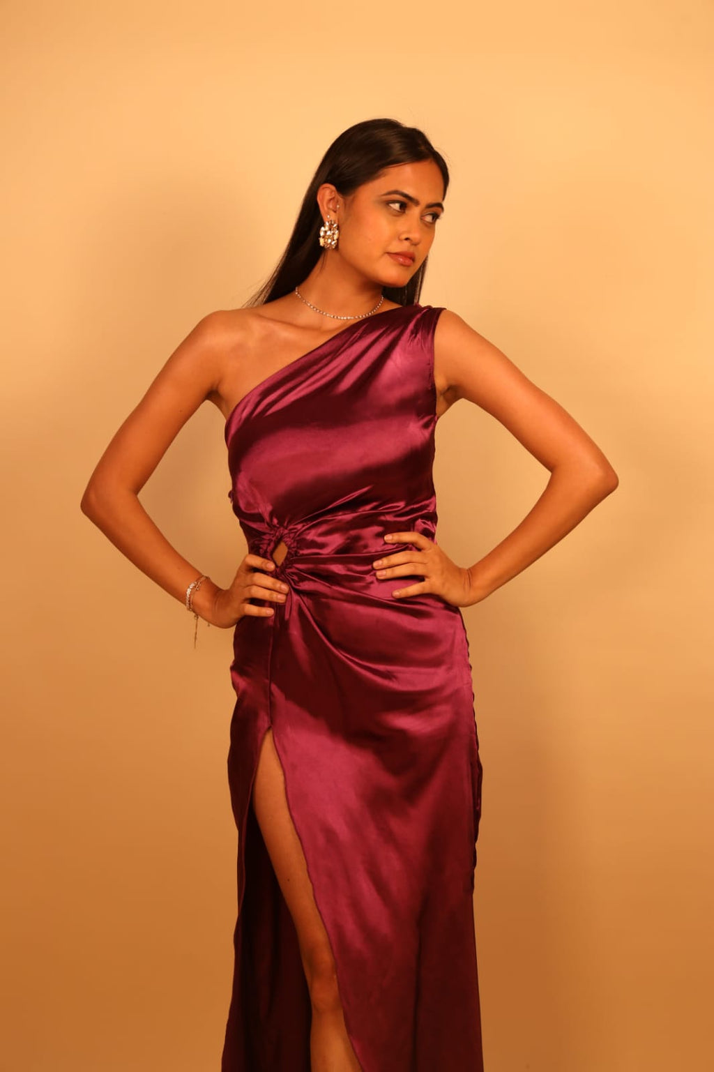 One-Shoulder Satin Maxi Dress with Slit