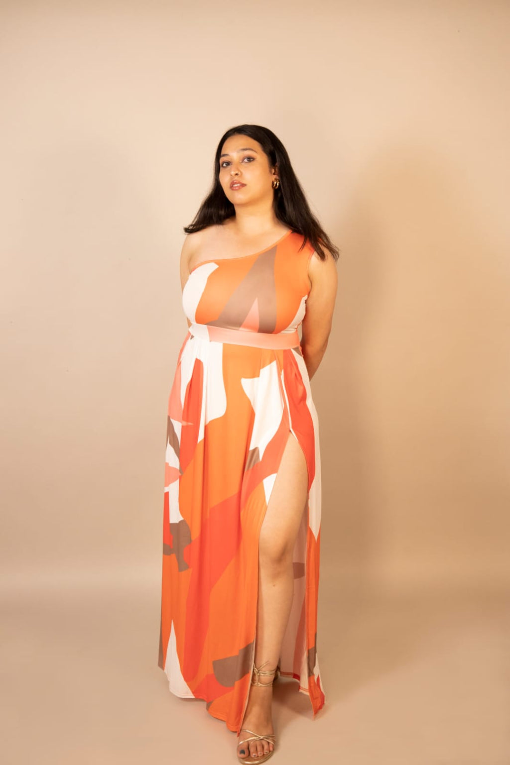 One-Shoulder Printed Maxi Dress with Slit