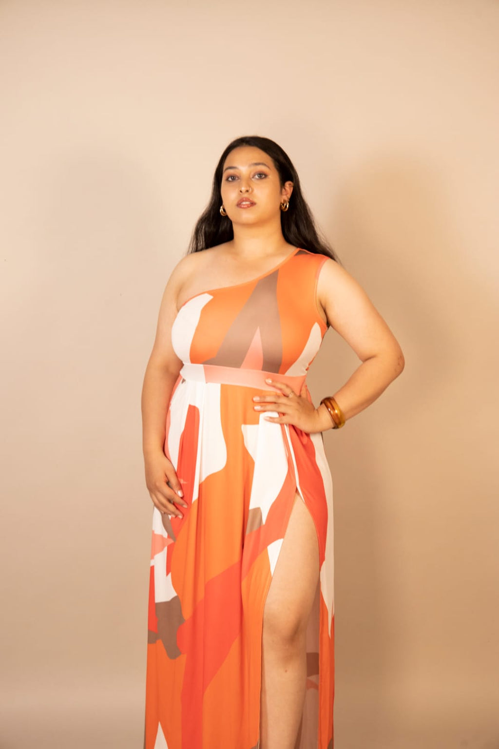 One-Shoulder Printed Maxi Dress with Slit