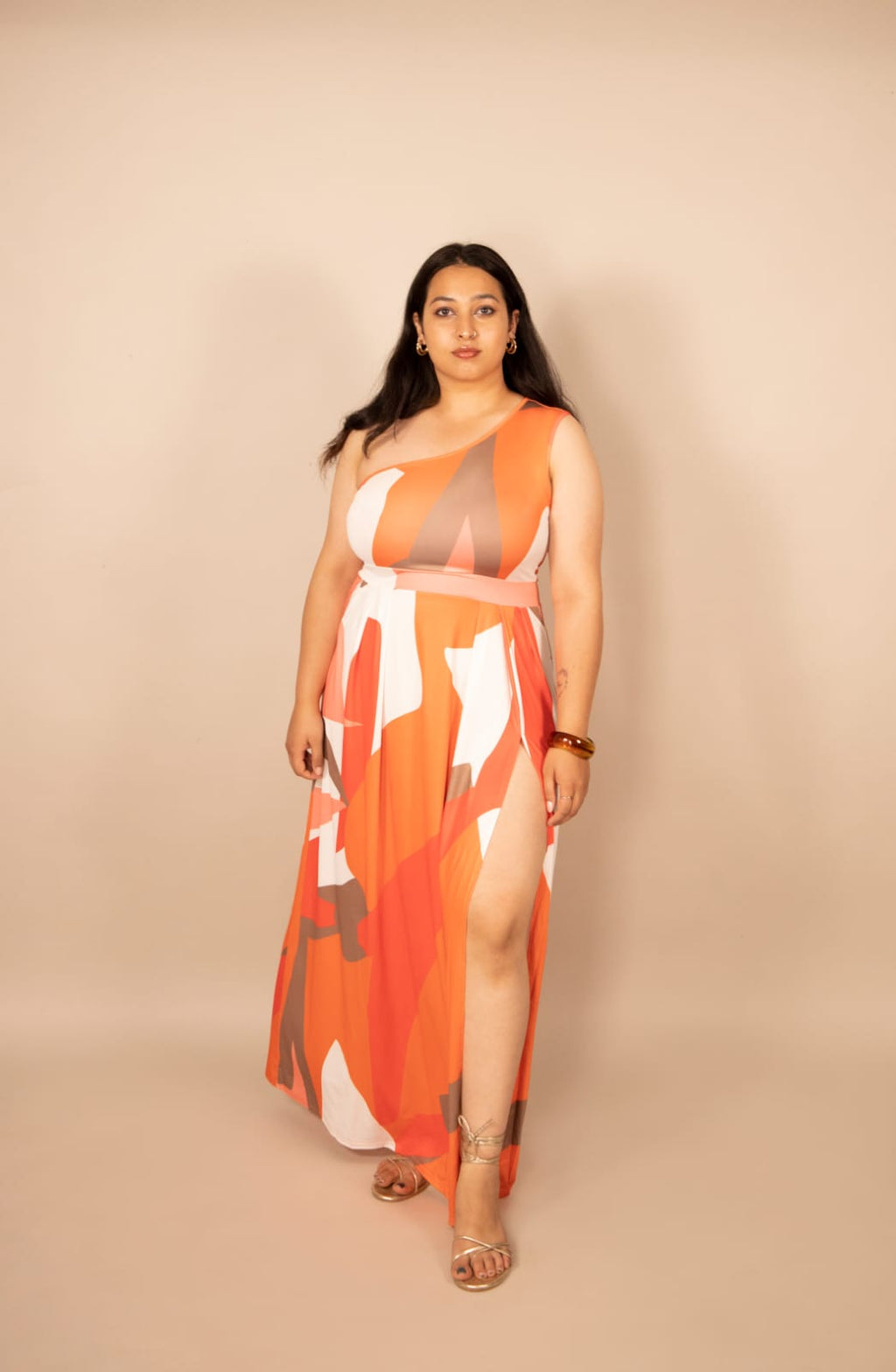 One-Shoulder Printed Maxi Dress with Slit