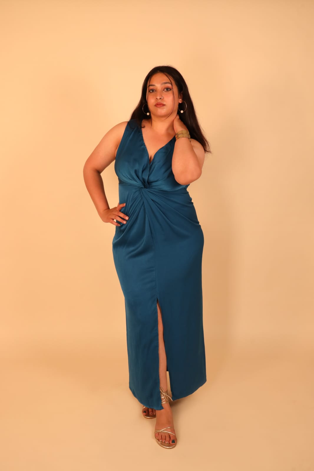 Teal Satin Twist-Front Maxi Dress