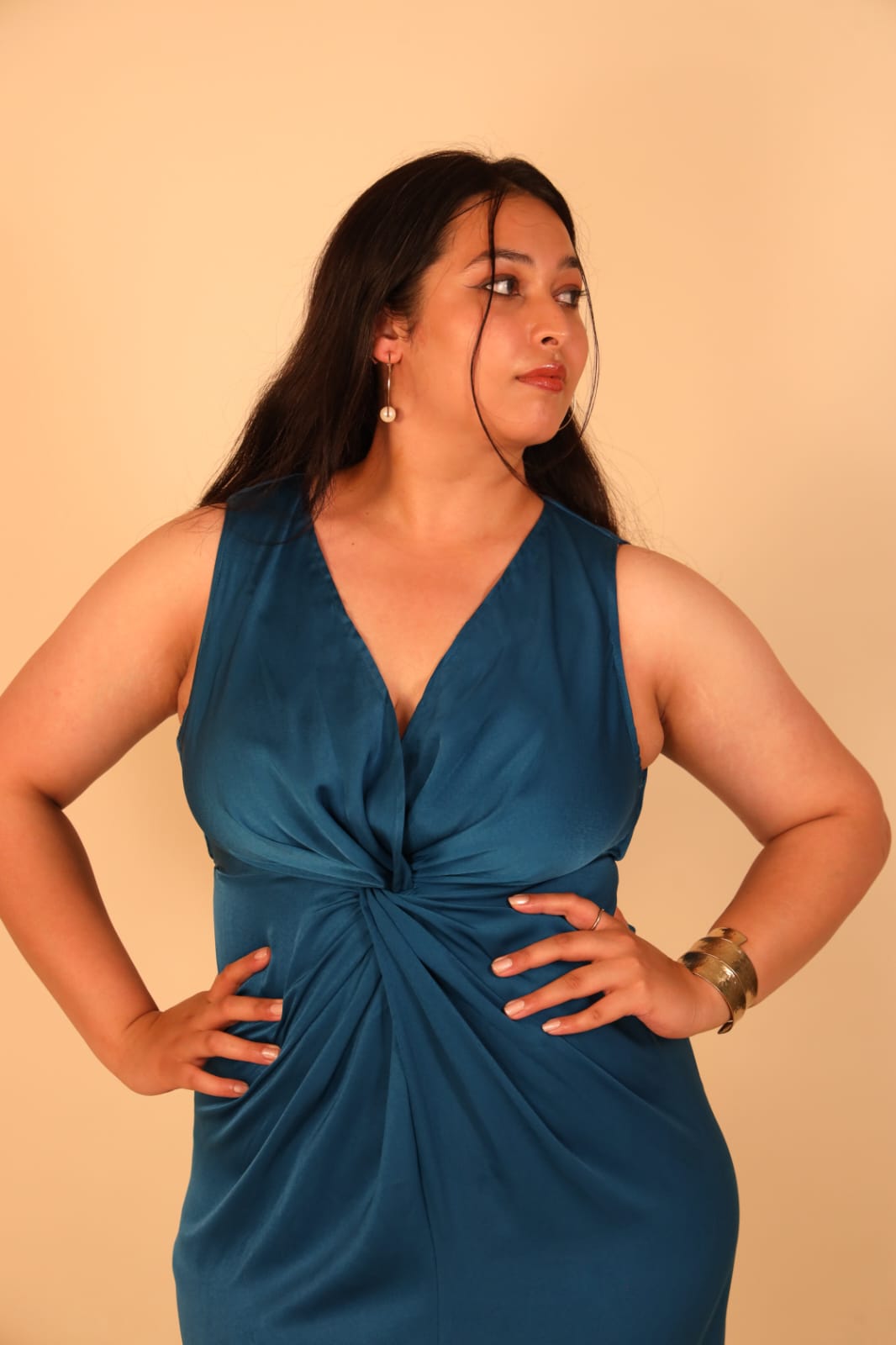 Teal Satin Twist-Front Maxi Dress