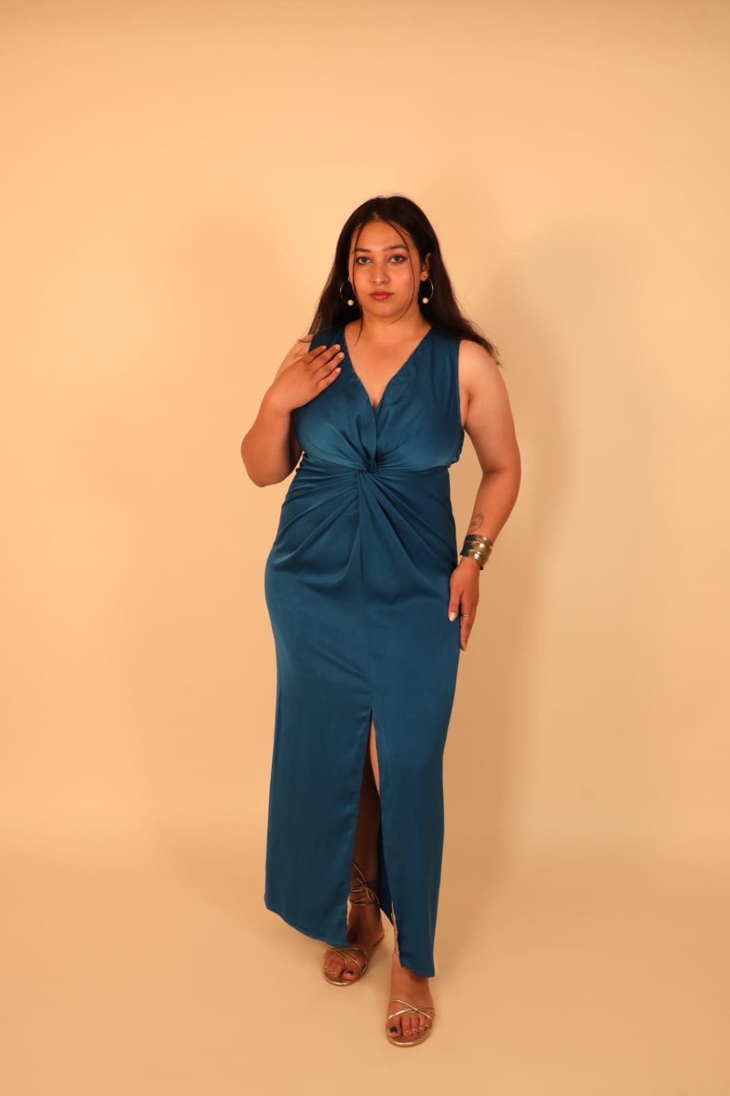 Teal Satin Twist-Front Maxi Dress